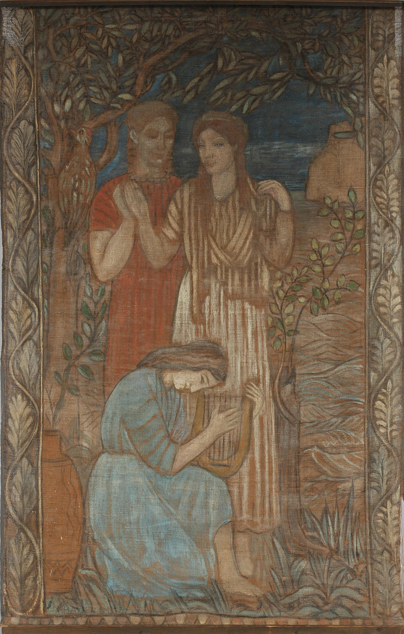 VÄGGDEKORATION, figursscen, målning på väv, omkring 1900.