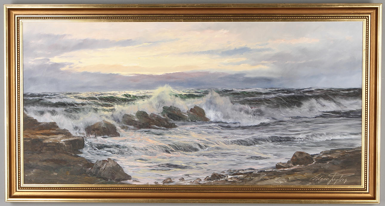 EDGAR FREYBERG. Klippor vid hav, olja på duk, signerad.