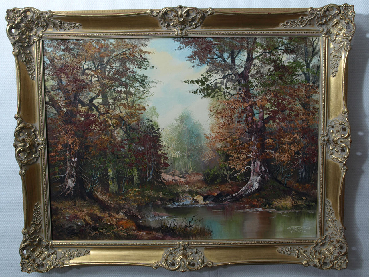OIDENTIFIERAD KONSTNÄR. Vattendrag i skogsparti, Olja på duk, signerad K.Gaiermann München.
