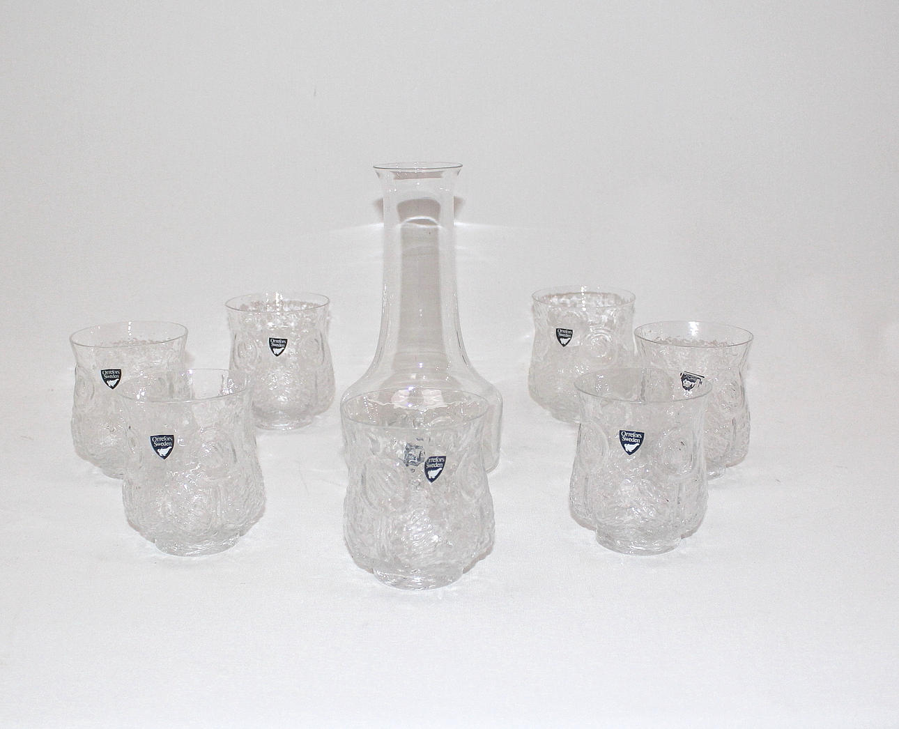 GLAS och KARAFF, 8 delar Orrefors, 7st, glas påfågeln.