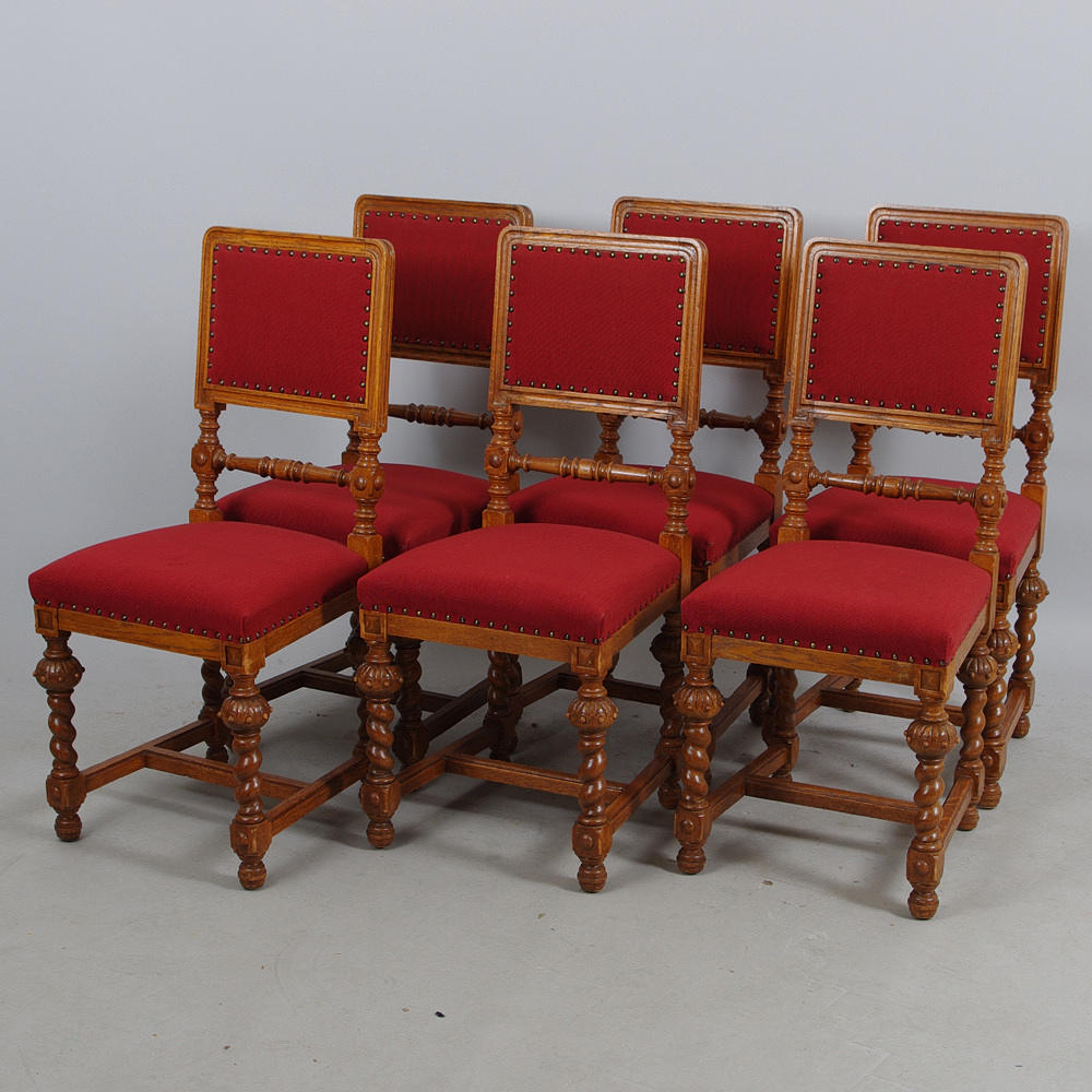 STOLAR, 6 stycken, ek med röd klädsel, barockstil.