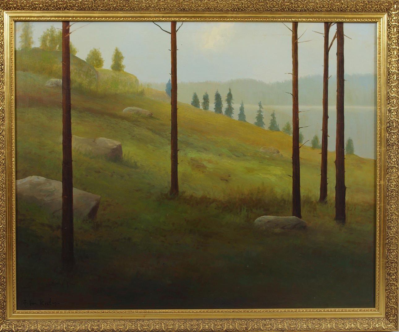 ANGCELO VON FÜRSTEN. Skogslandskap med sjö, olja på duk, signerad A. von Fürsten.