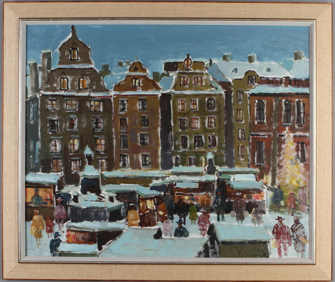 TAGE GAVIK. "Julmarknad Stortorget, Stockholm", olja på duk, signerad.