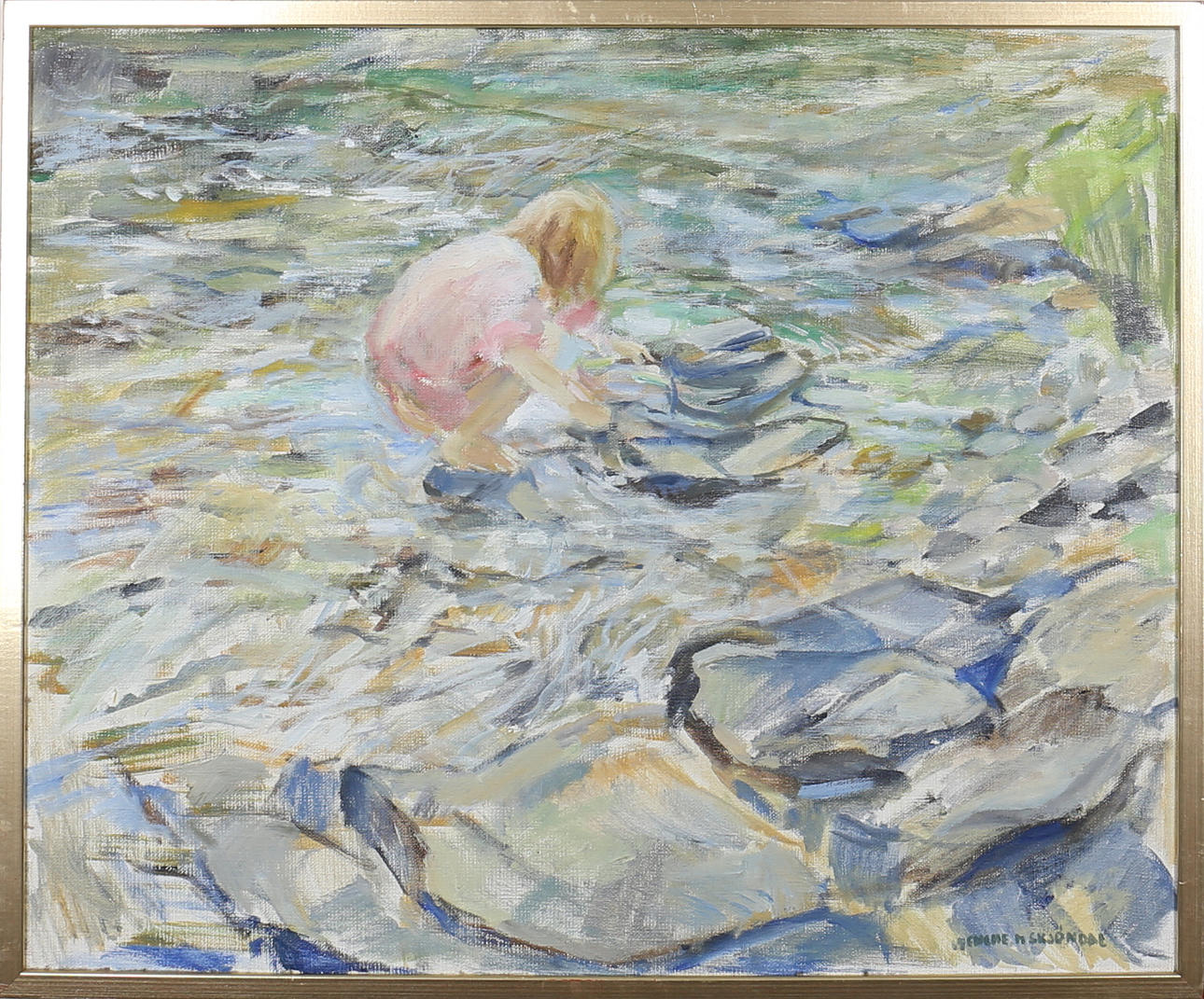 WENCHE SKJÖNDAL. Barn på huk i vattenbryn. Akryl på duk. Signerad.