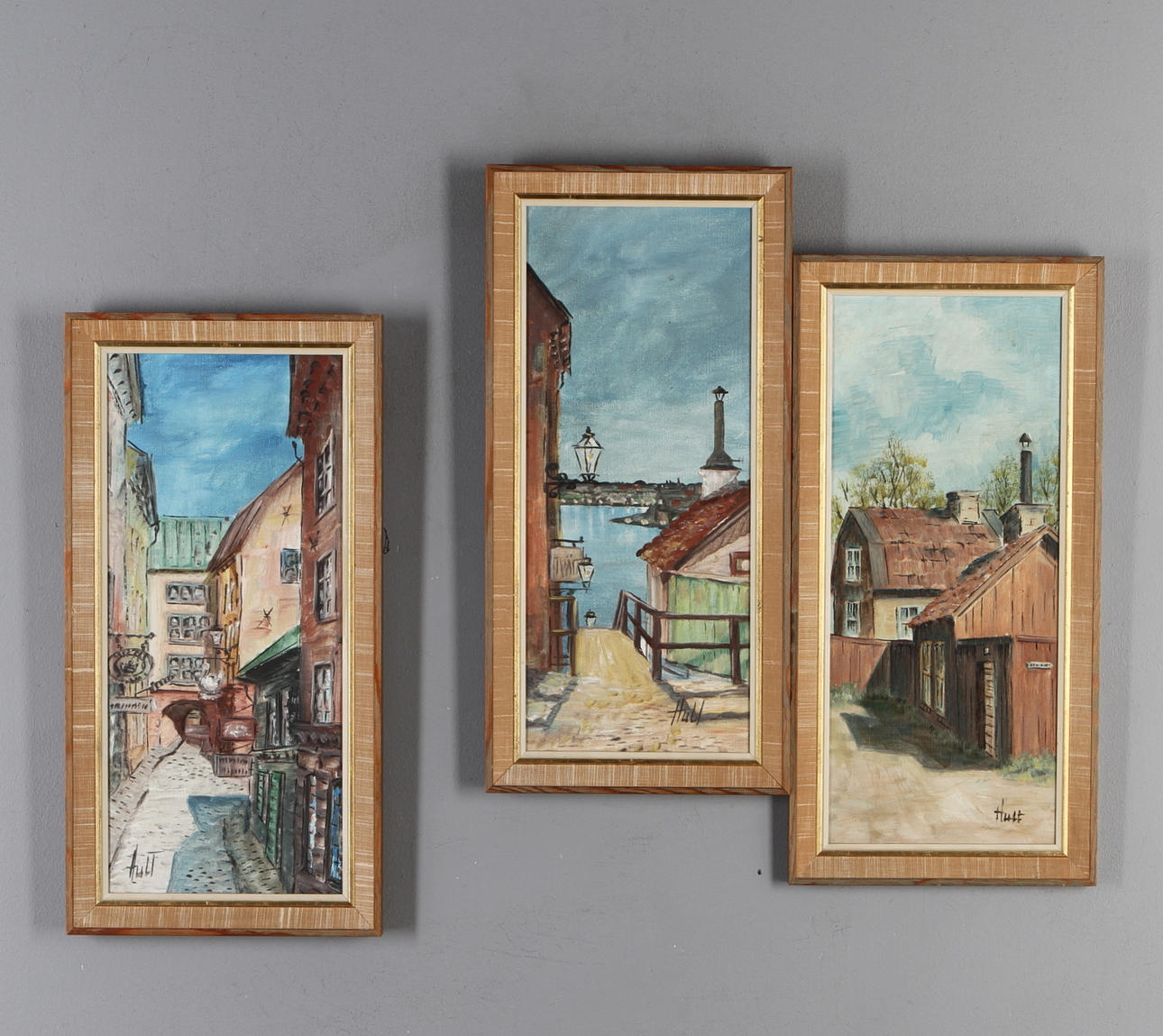 RITA HULT. 3 st, motiv från Stockholm, olja på pannå samt duk, signerade.