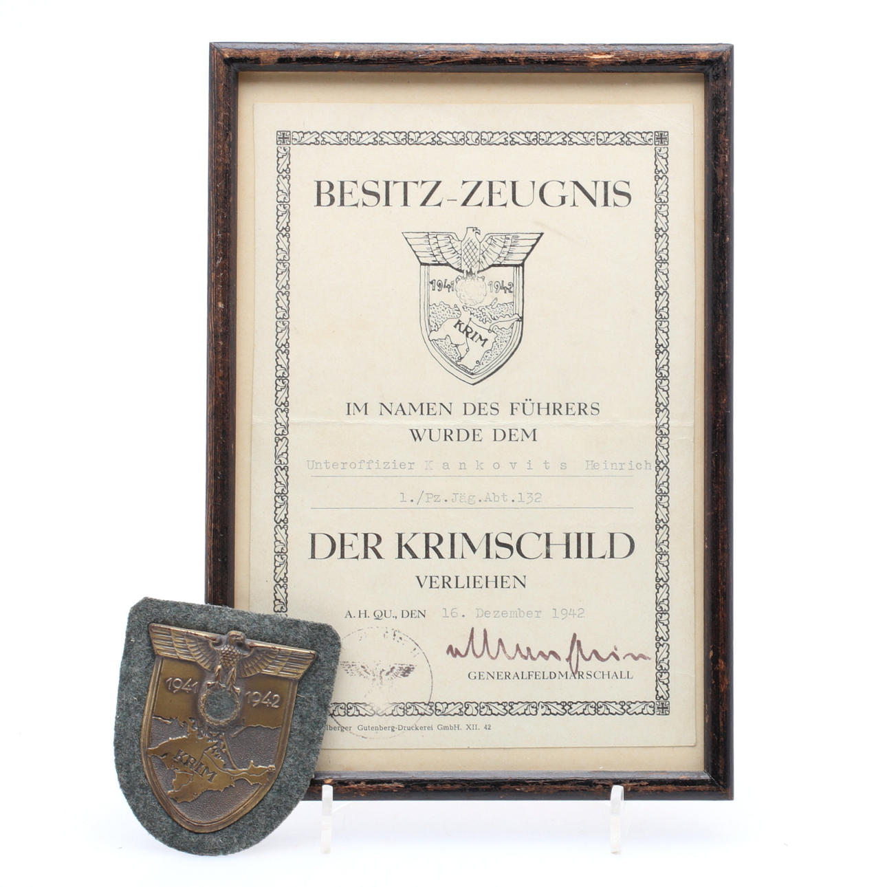 INSIGNIA y REGISTRO, escudo de Crimea, 1941 - 1942.