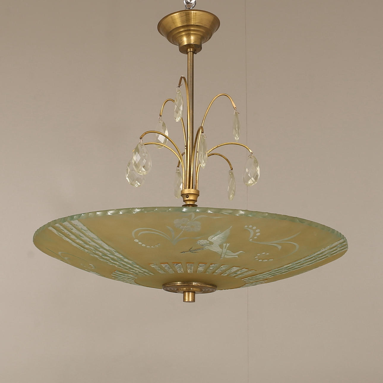 CEILING LAMP, brass and glass.