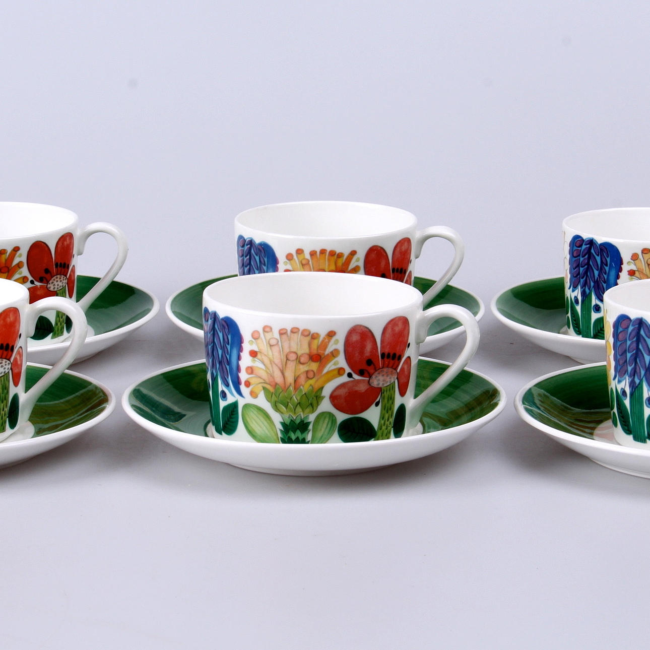 TEKOPPAR, med fat, 6 st. "Tahiti", Stig Lindberg, Gustavsberg.