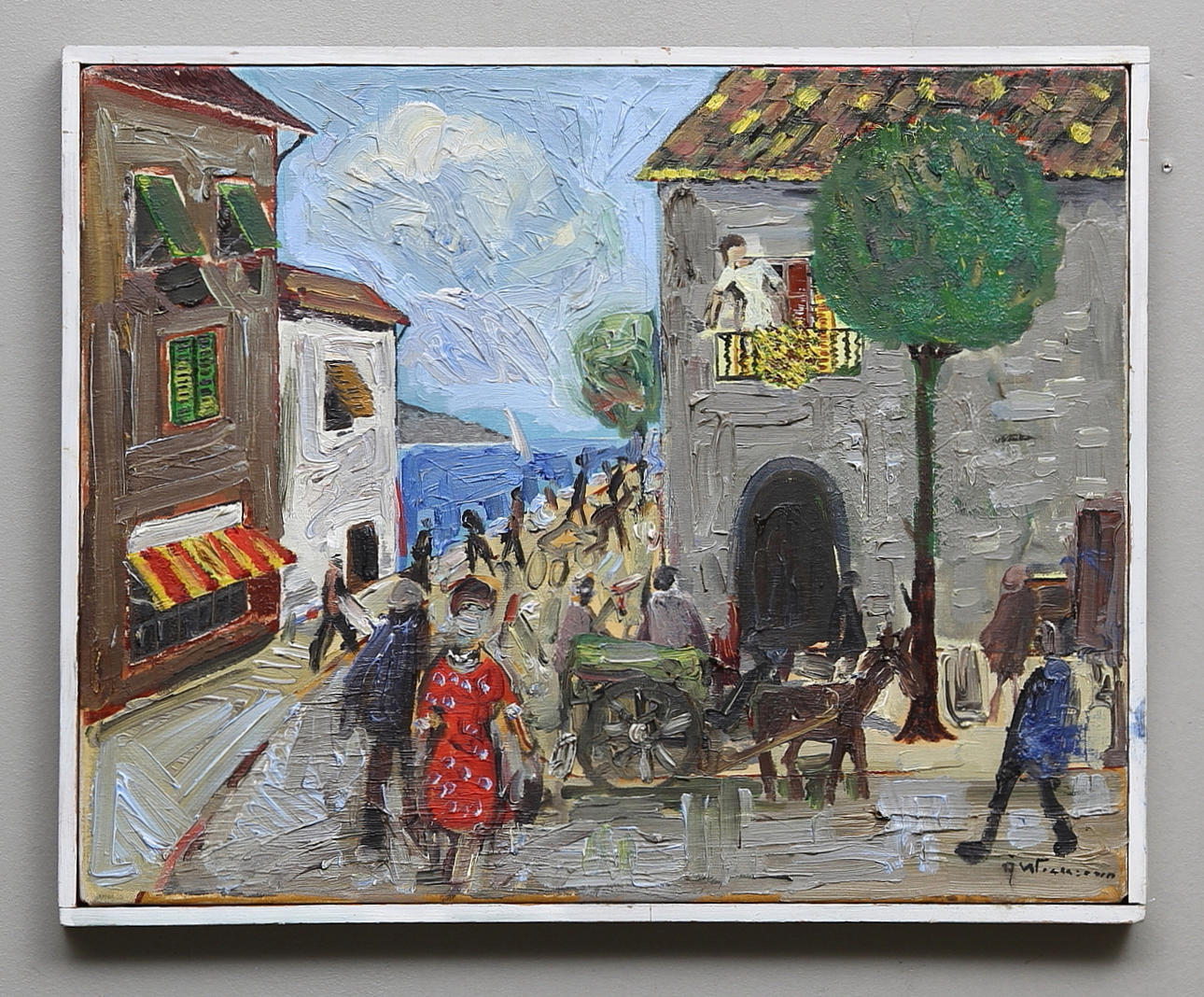 ÅKE WICKSTRÖM. Gatuliv vid havet. Olja på duk. Signerad Å.Wickström.