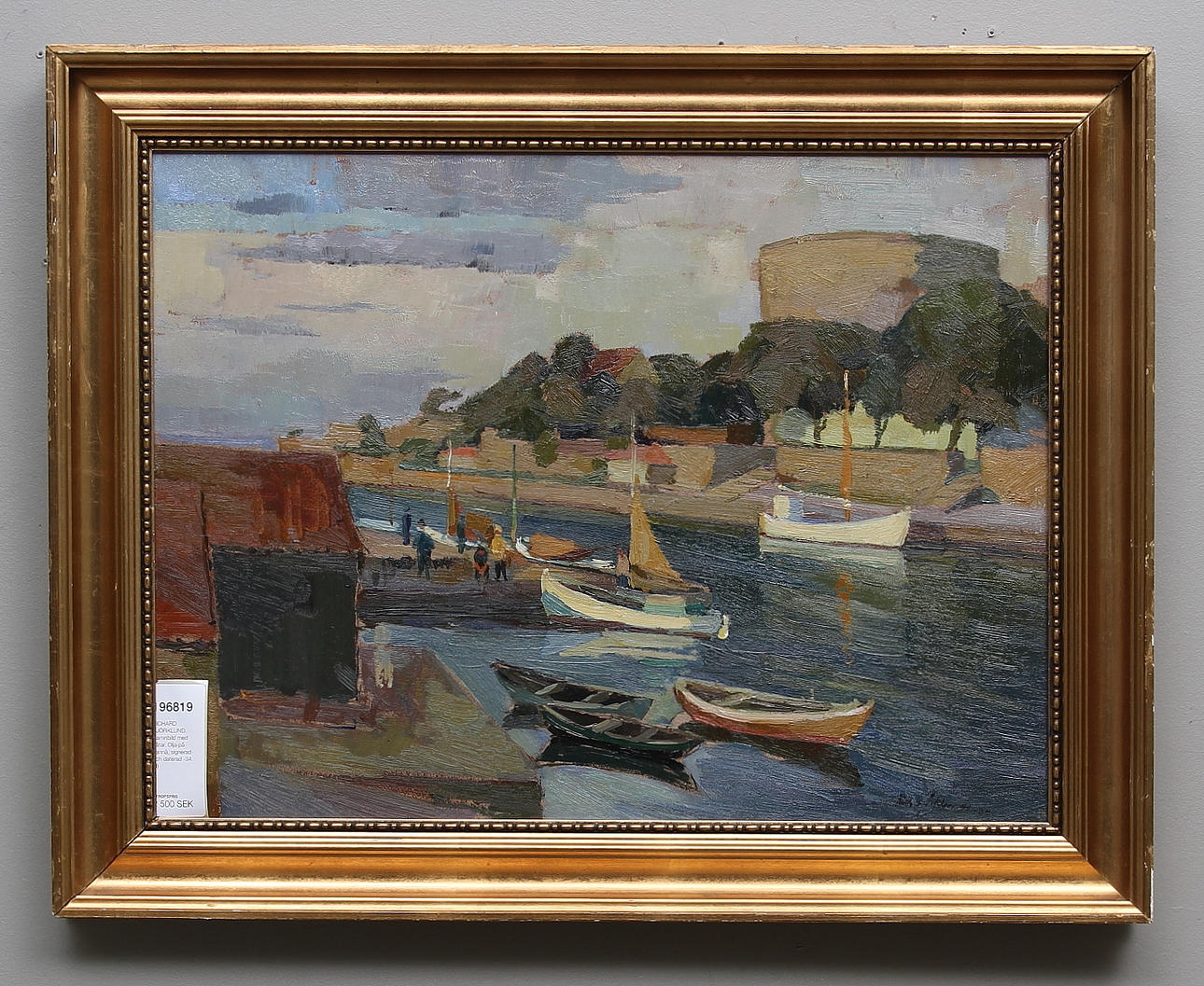 RICHARD BJÖRKLUND. Hamnbild med båtar. Olja på pannå, signerad och daterad -34.
