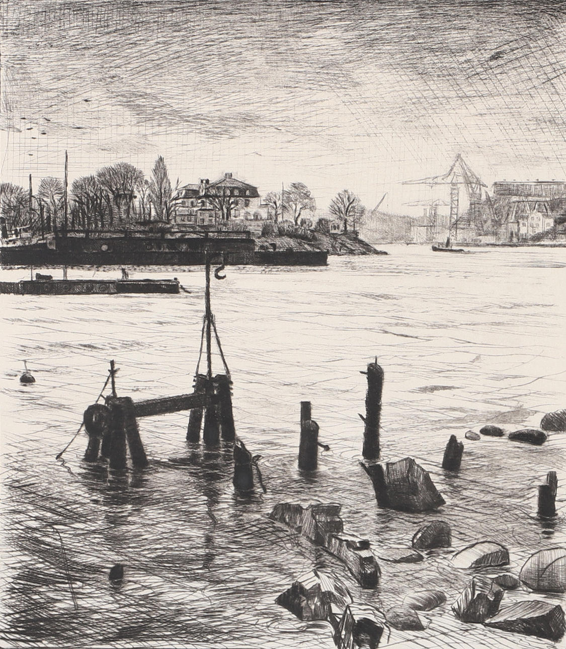 HASSE LINDROTH. "From Beckholmsbron, Stockholm", etching, signed.