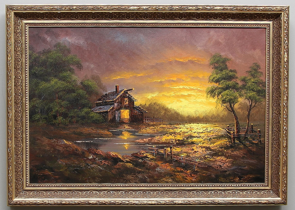 OIDENTIFIERAD KONSTNÄR. Landskap med hus vid å. Olja på duk. Signerad Lionel.