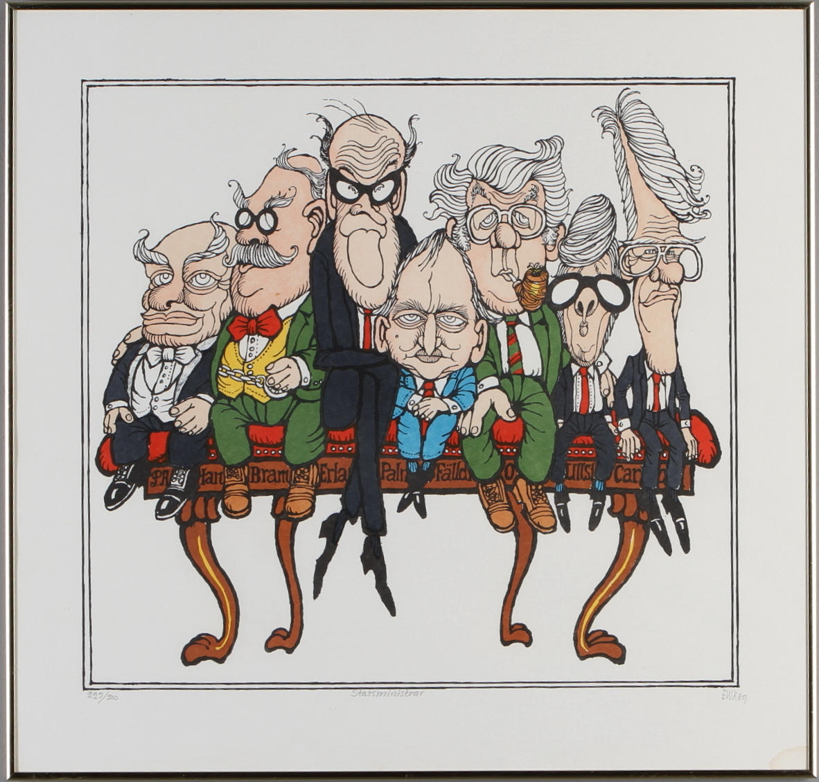 EWERT KARLSSON. Statsministrar. Färglitografi. Monogramsignerad och daterad. Numrerad 229/300.