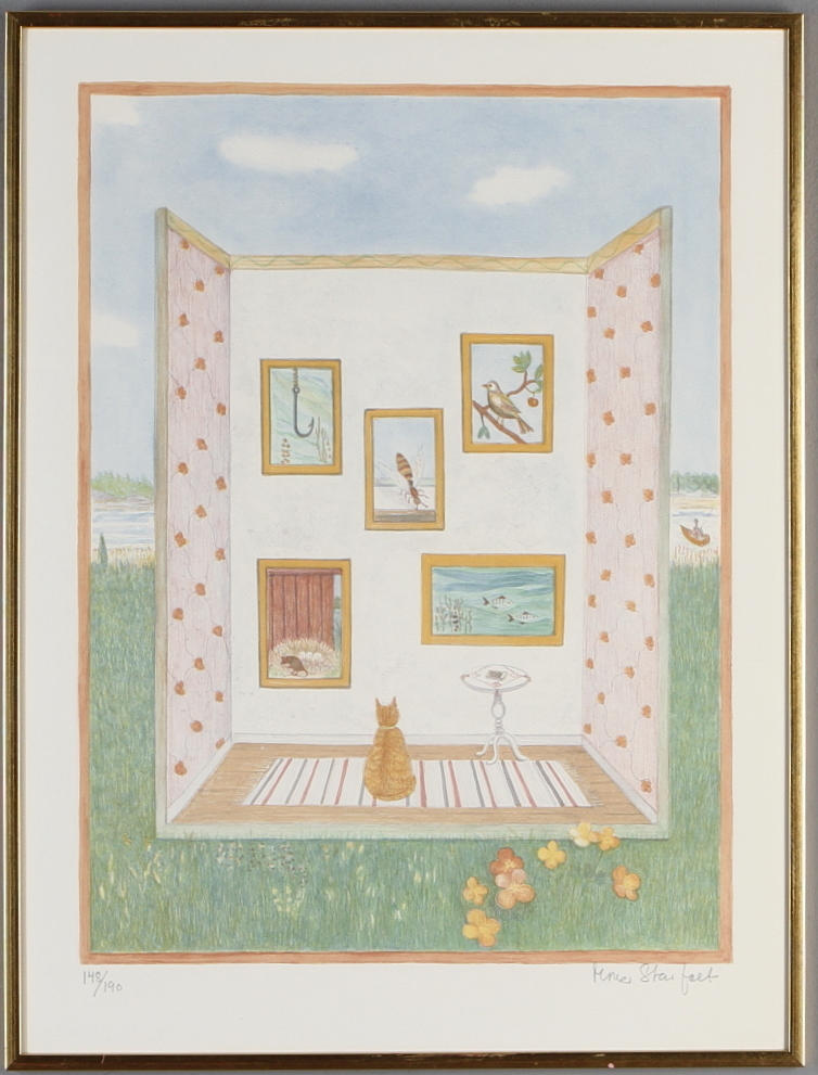 MOLLE STAVFELT. Komposition med katt, litografi, signerad samt numrerad 148/190.