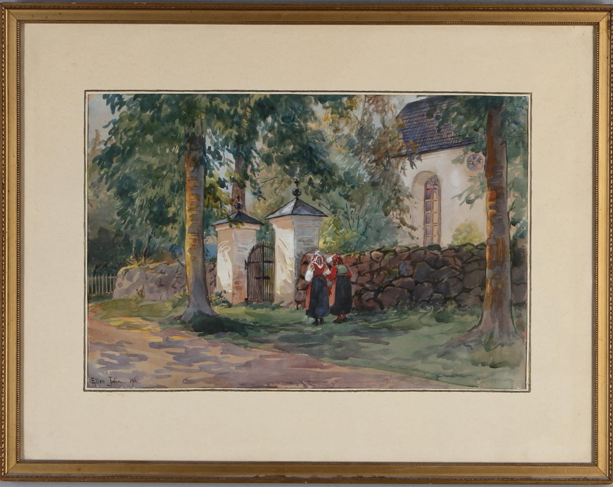 ELLEN JOLIN. Vid kyrkmuren, akvarell, signerad samt daterad 1916.