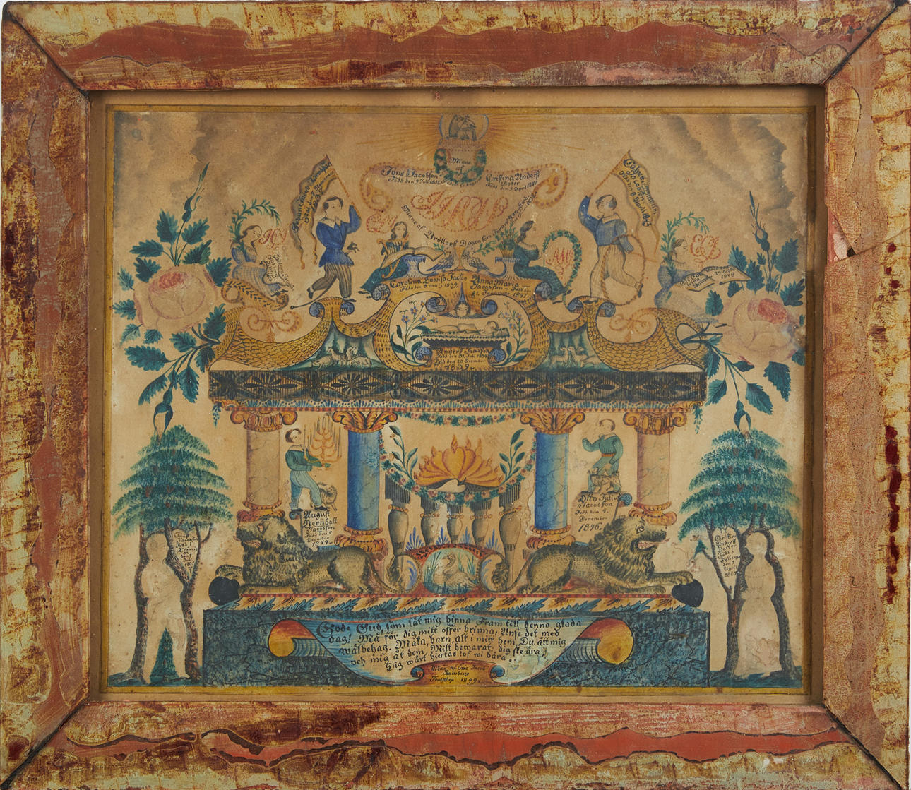 MEMORIAL POT, 19th century, gouache, signed and dated Eric Jacob Trulstorp 1849, framing similar to a glass master's mirror.