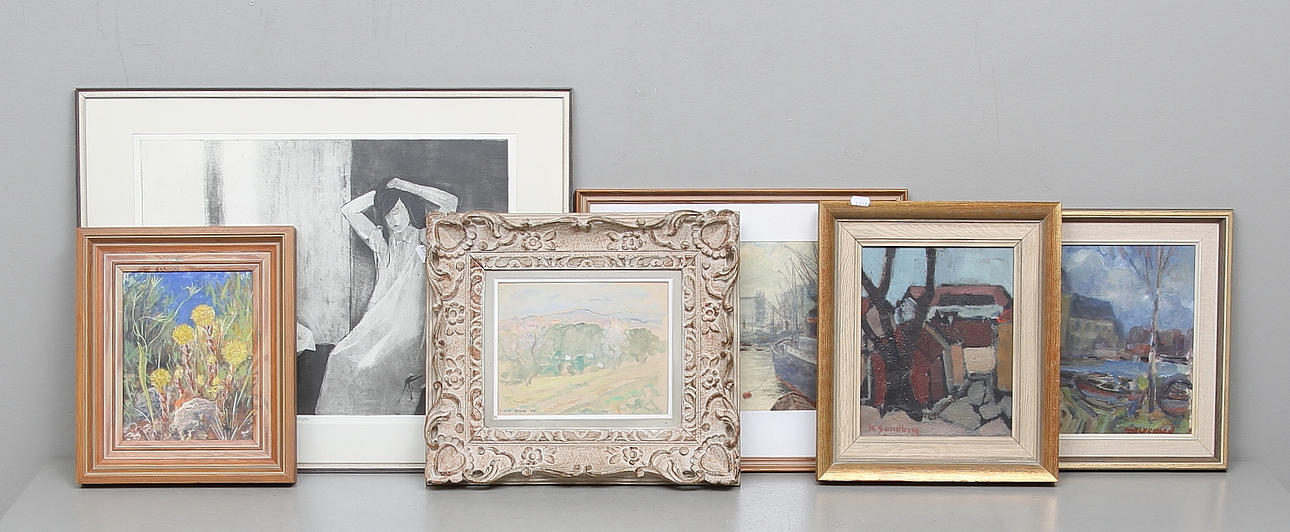 DIVERSE KONSTNÄRER. 6 st, olika tekniker, signerade.