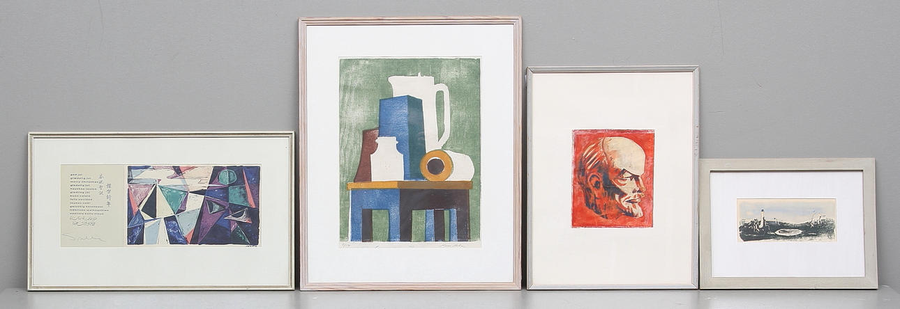 DIVERSE KONSTNÄRER. 4 st, olika tekniker, signerade.