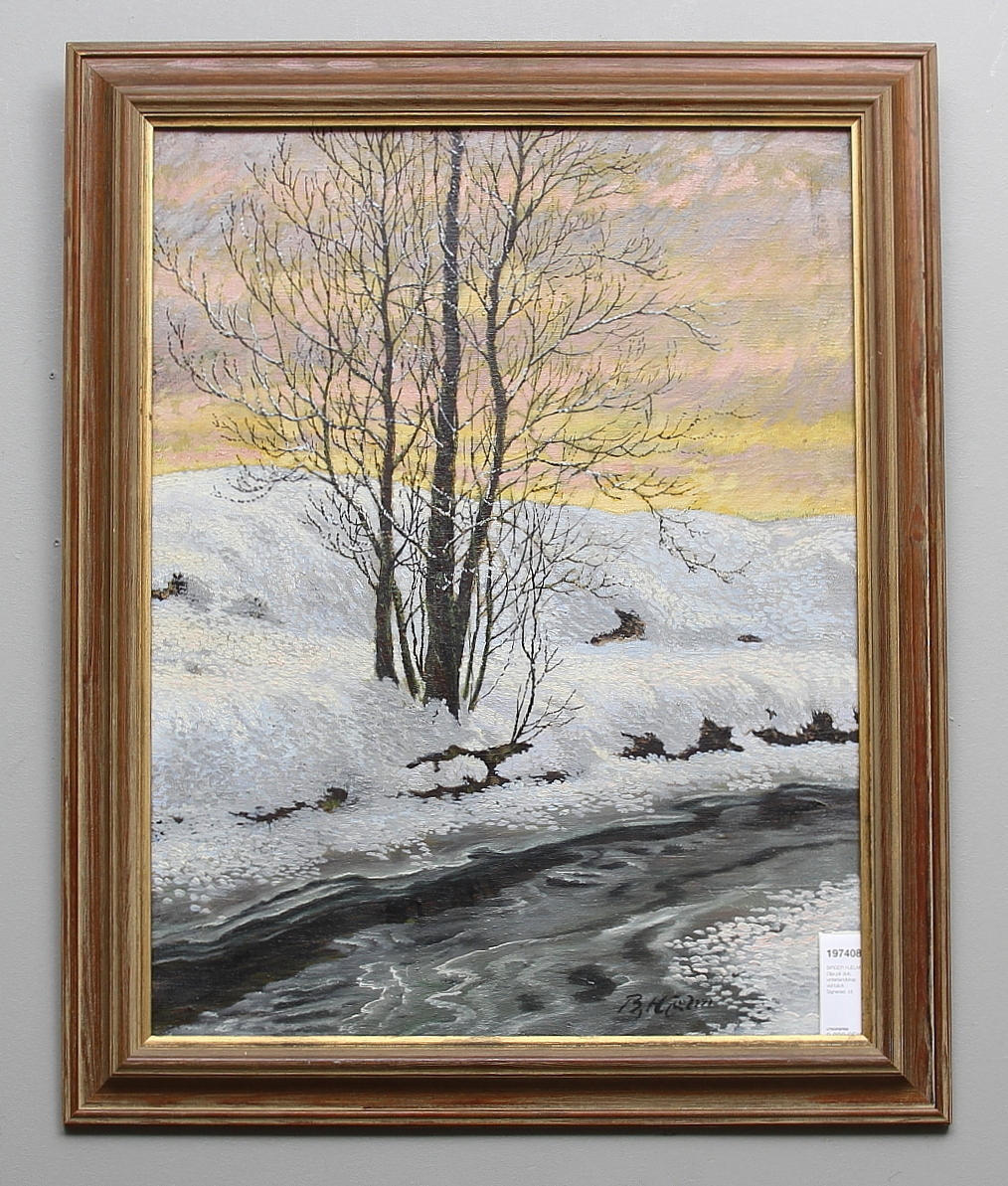 BIRGER HJELM. Olja på duk, vinterlandskap vid bäck. Signerad.