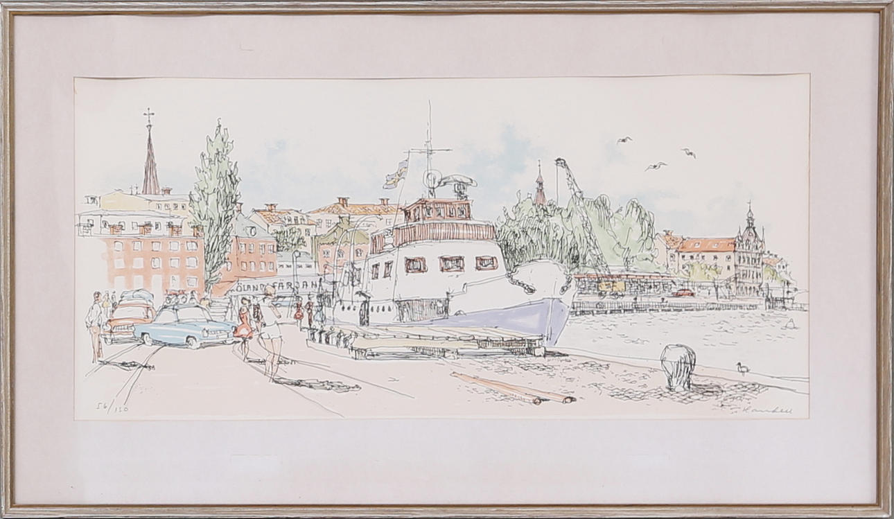 BERNHARD HANDELL. Färjeläget, Oskarshamn, Färglitografi, n:o 56/130, signerad Handell.