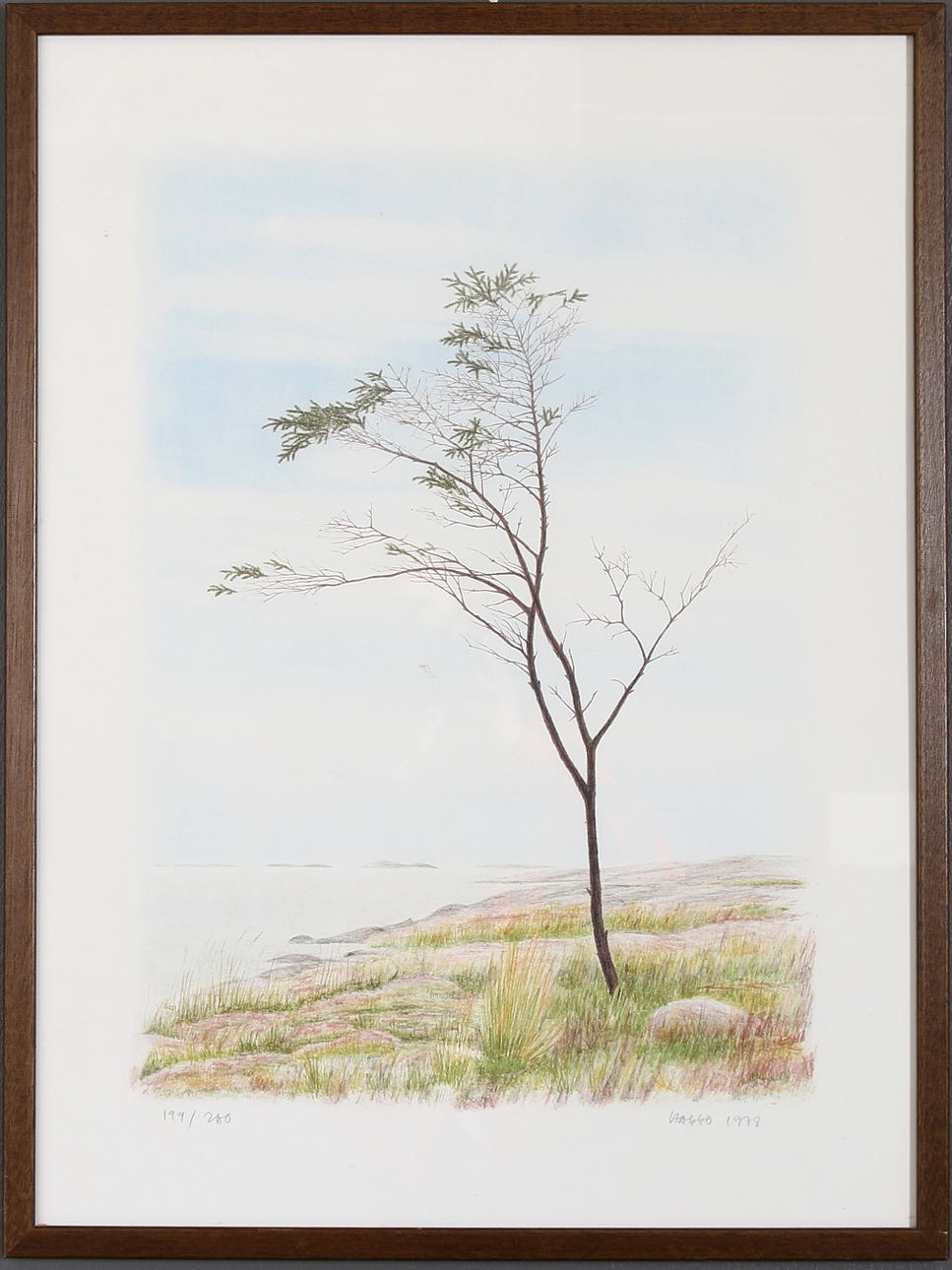 HARRO KOSKINEN. "Vindpinat trä", färglitografi, signerad, numrerad 199/200 och daterad 1978.