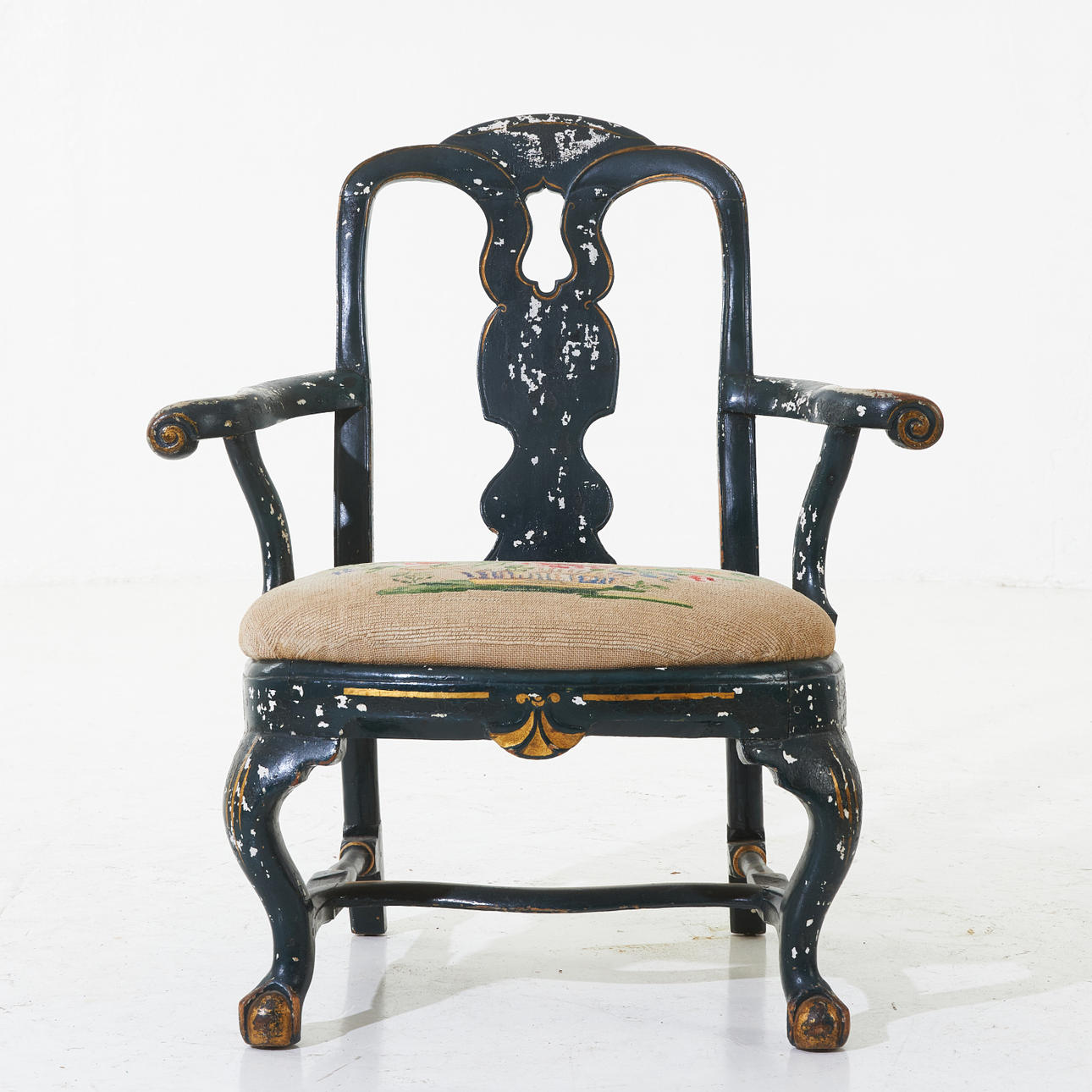 ARM CHAIR, rococo, 18th century, painted, seat with embroidered ...