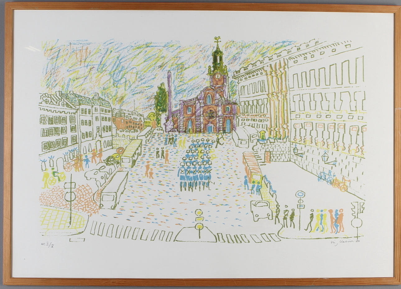 STIG CLAESSON (SLAS). Vy mot Slottsbacken och Storkyrkan, färglitografi, signerad och numrerad HCII/V.