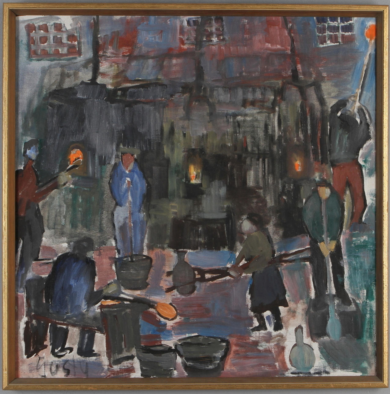 GUSTY OLSSON. Stadsmotiv med figurer, olja på duk, signerad.
