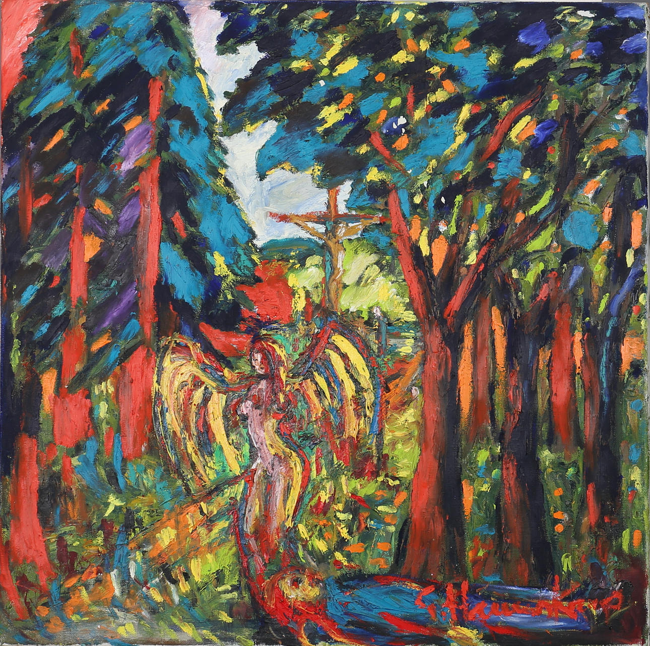 GÖRAN HAUSENKAMP. Olja på duk. Kristus på korset. Signerad G Hausenkamp.