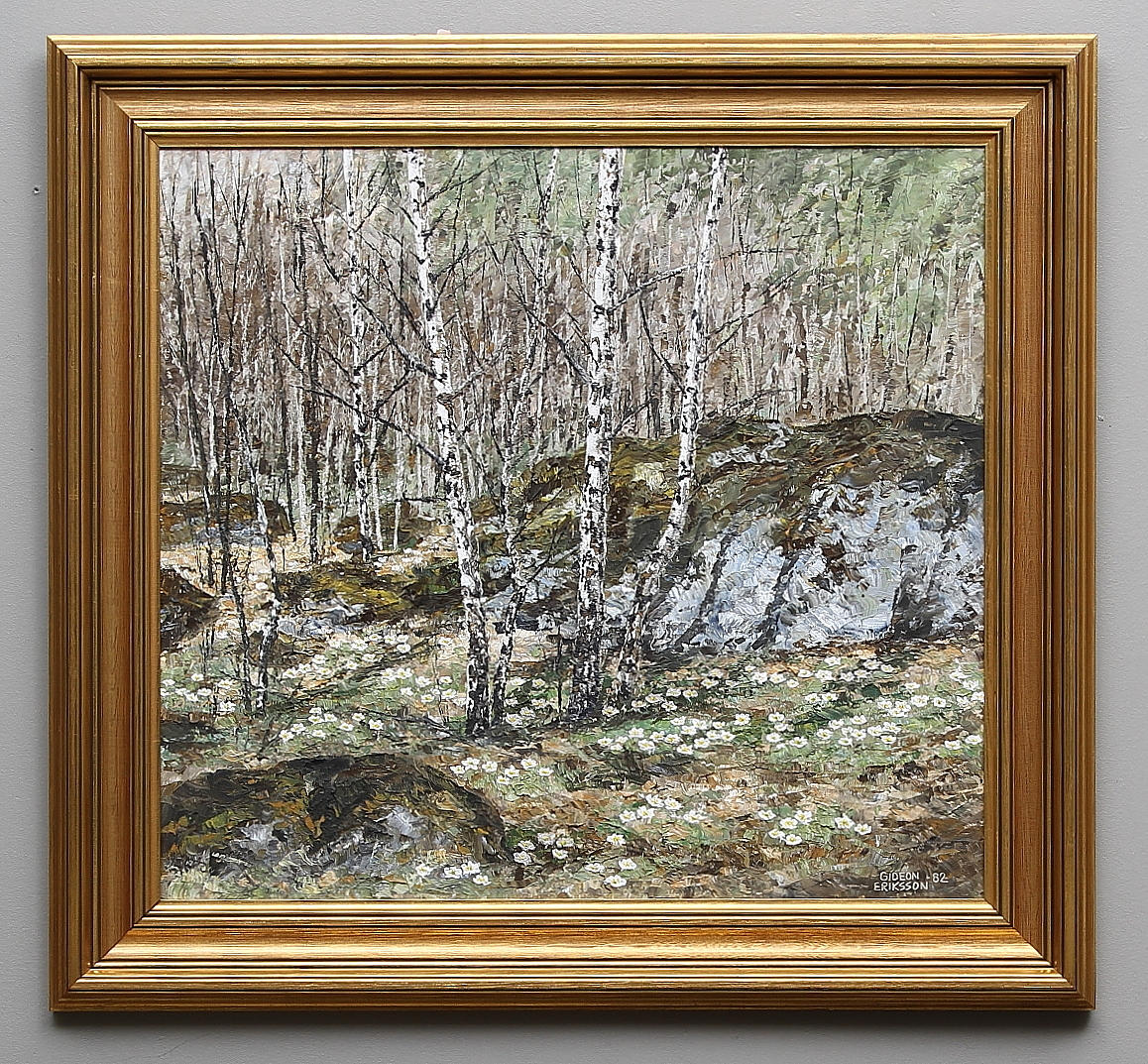 GIDEON ERIKSSON. Olja på pannå. Vårlandskap med björkar och vitsippor. Signerad och daterad -82.