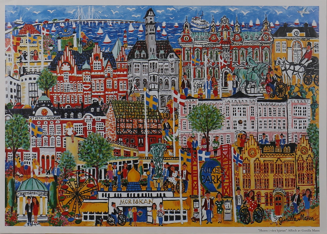 GUNILLA MANN. Affisch. "Husen i våra hjärtan" Malmö.