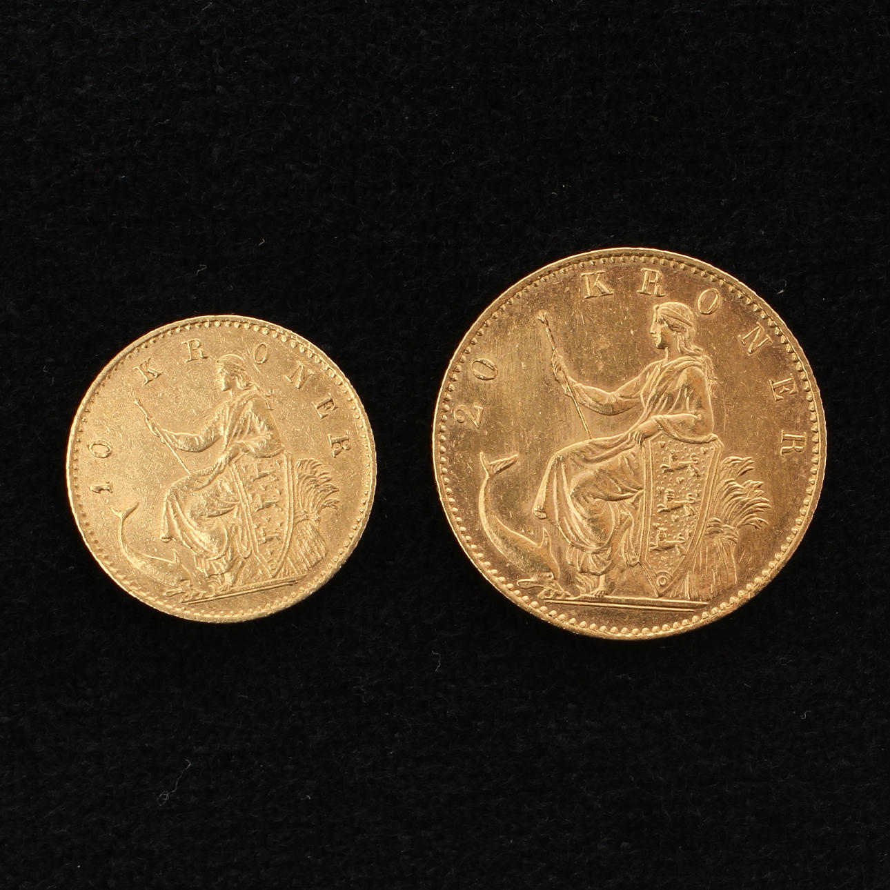 GULDMYNT 2 st. 20 kr + 10 kr, Christian IX, Danmark, 1873.