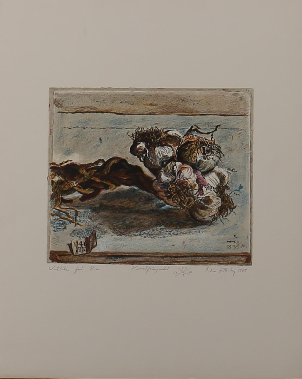 NISSE ZETTERBERG. Färglitografi. "Vitlöken från Rom" Signerad N Zetterberg. Daterad 1980.