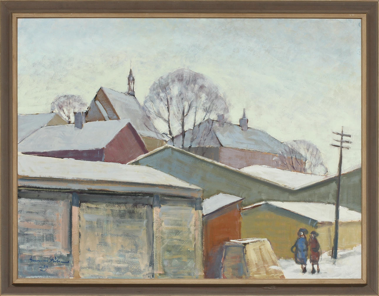 GUNNAR STÅLBRAND. Landskap med hus. Olja på pannå. Signerad och daterad -59.