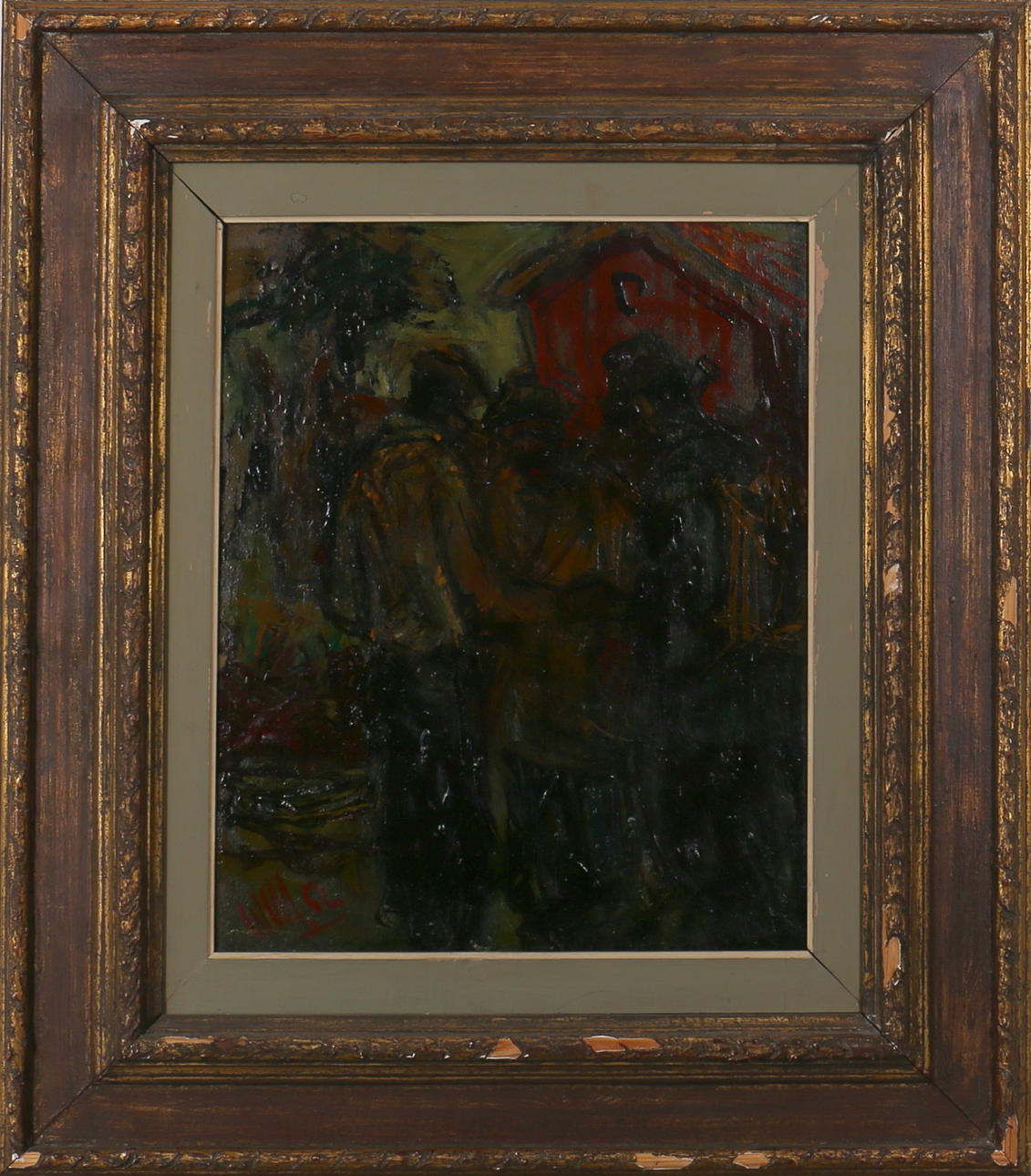 OWE WESSBOHN. Olja på pannå. Samtalande män. Signerad Wess. Daterad -54.