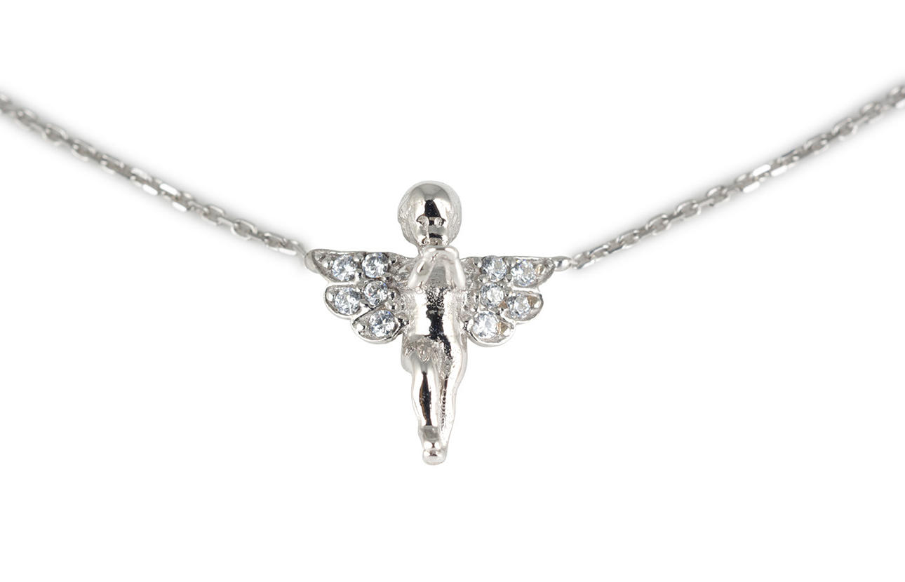 COLLIER med skyddsängel, 585 vitguld, cubic zirconia, ca. 1,6 g.