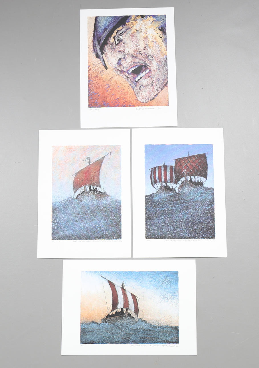 CARL-RICHARD CARLENSTIERNA. Vikingaskepp, viking. 4 st. Färgserigrafier. Signerade och daterade 1999 och 2005. EA, numrerade.