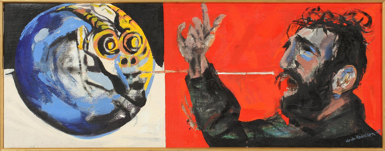 LEIF KNUDSEN. Komposition med Fidel Castro, olja på duk, signerad-70.