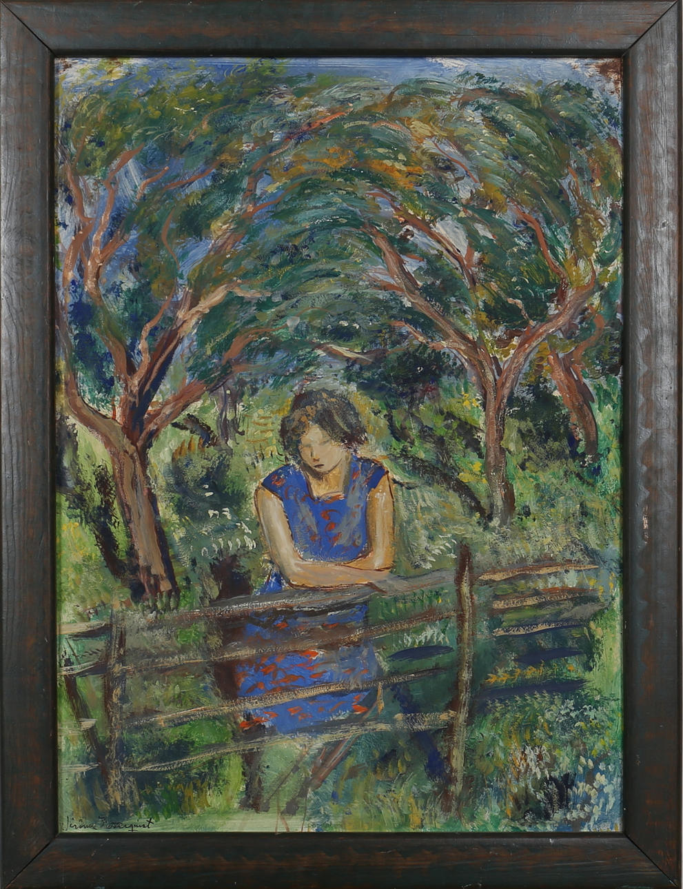 JEROME ZETTERQVIST. Olja på papp. Kvinna vid grind. Signerad Jerome Zetterqvist.