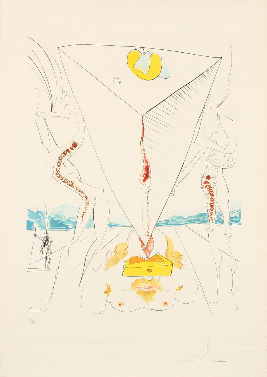 SALVADOR DALI. "Philosophe écrasé par le cosmos, pl 2 de La conquête du Cosmos", Litografi, signerad och numrerad 190/195.