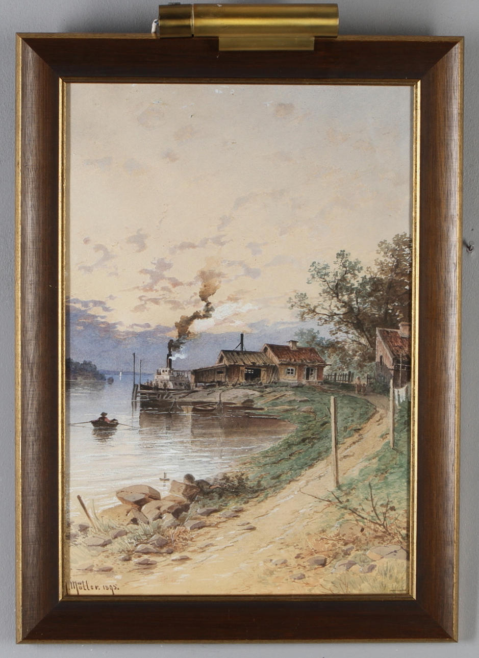 HERMAN MÜLLER. Flodmotiv med båt, akvarell, signerad och daterad 1895.