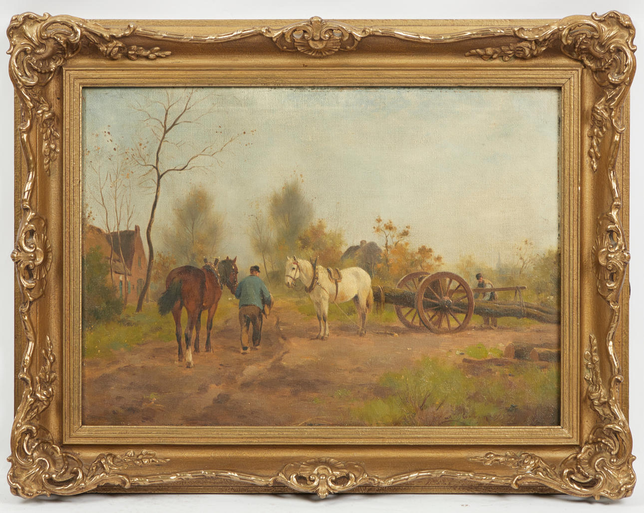 Ukendt kunstner, maleri, træfælder med hestevogn.