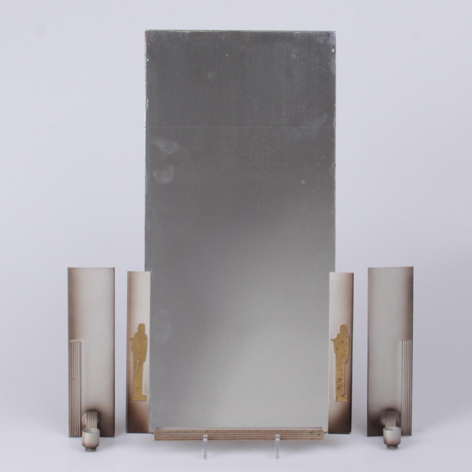 SPEGEL, samt lampetter, 3 delar, tenn, art deco, 1920/30-tal.