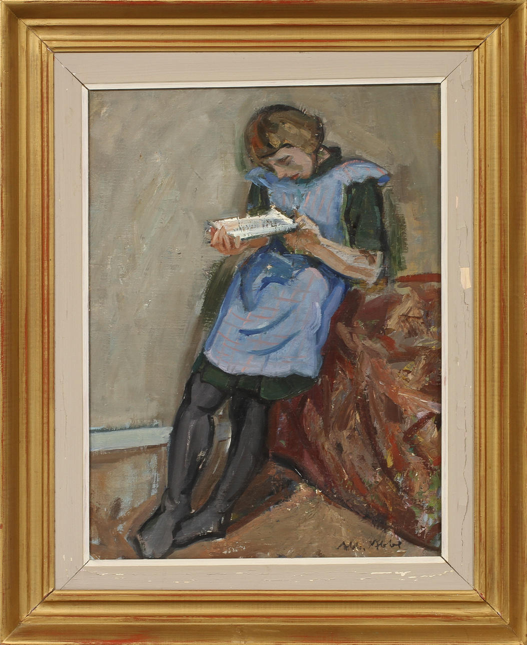 ABBE ALBERT. "Läsande flicka", Olja på duk, signerad.