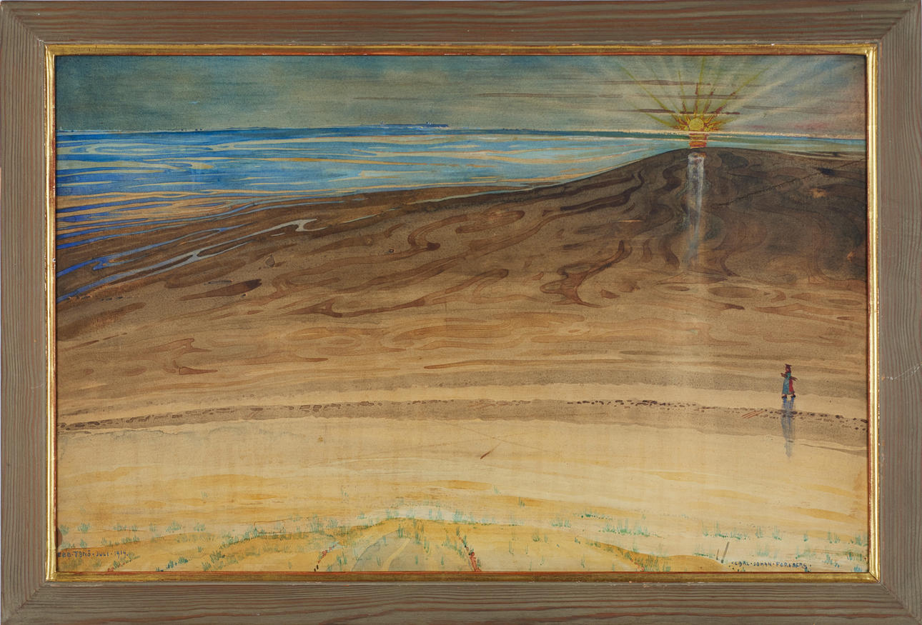 CARL JOHAN FORSBERG, (1868-1938): "Ebb Fanö, July 1914" motif from Denmark, mixed media on Board, signed Carl Johan Forsberg.