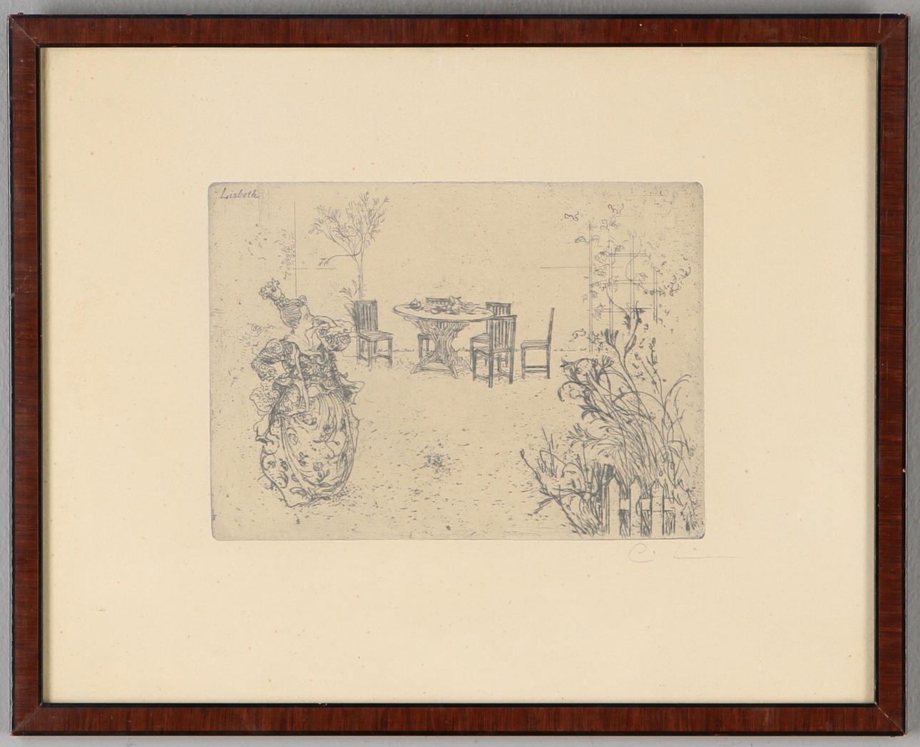 CARL LARSSON. "Lisbeth spelar teater", etsning, monogramsignerad.