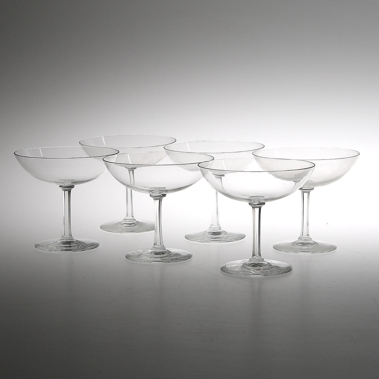 CHAMPAGNESKÅLAR, 6 st, glas, fasettslipad fot, 1900-tal.