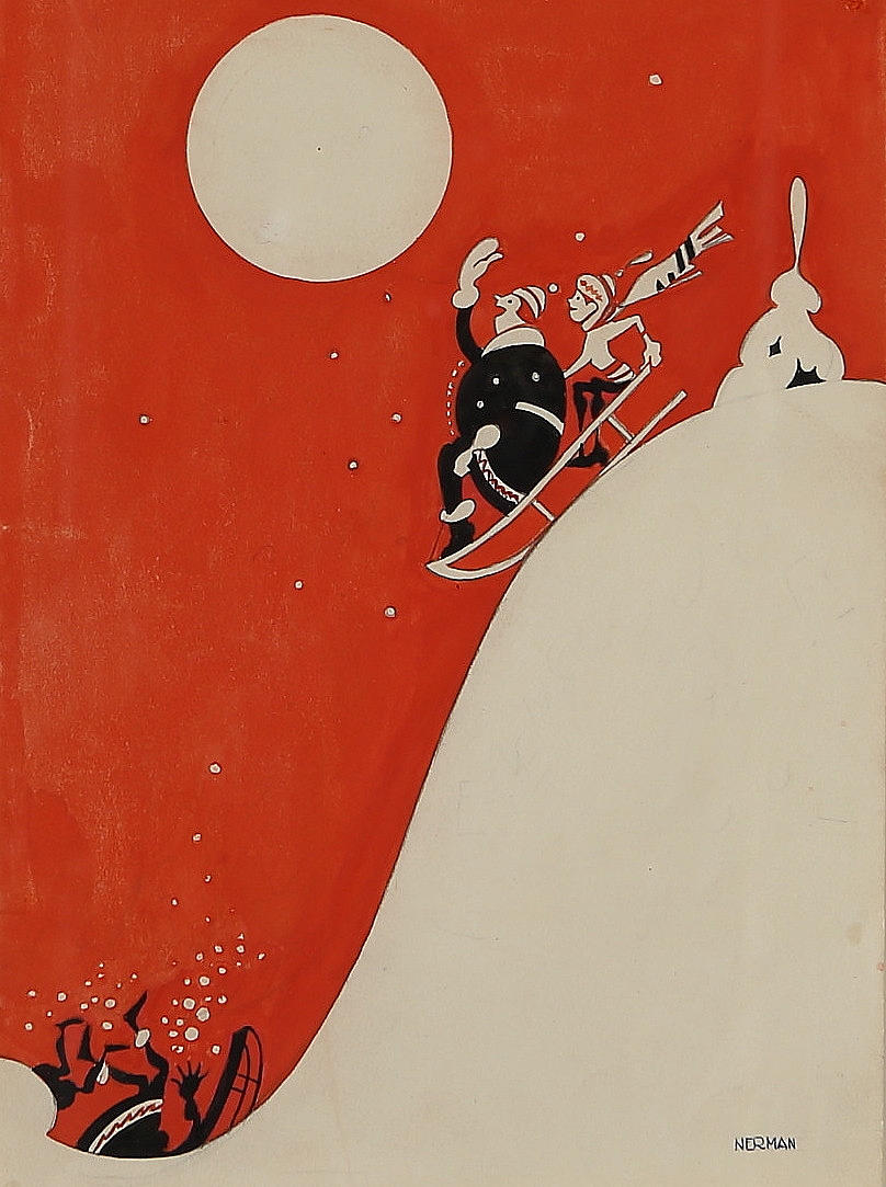 EINAR NERMAN. I slædebakken, mixed media, signeret.