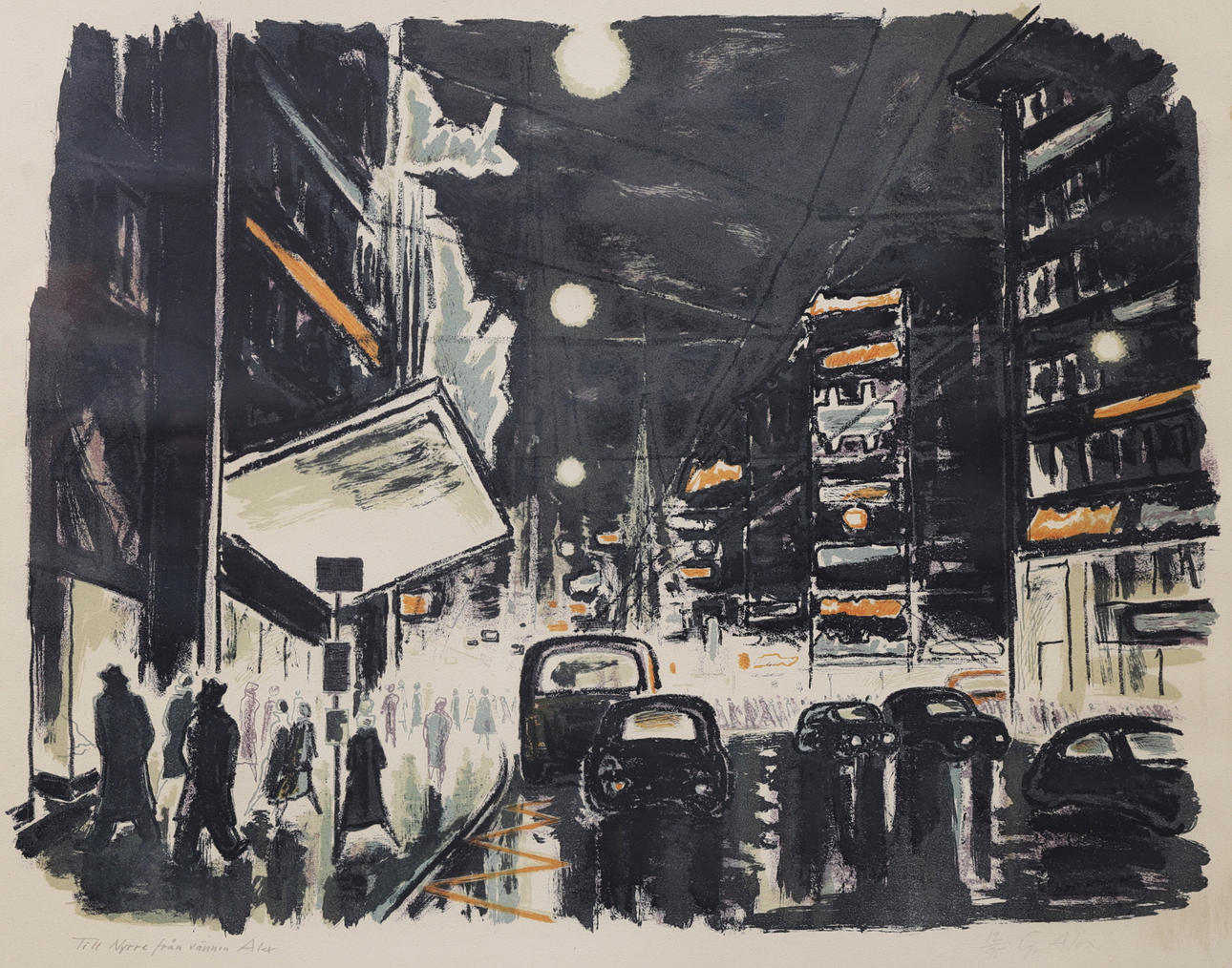 GUSTAV ALEXANDERSSON. "Street in evening light", color lithograph, signed.