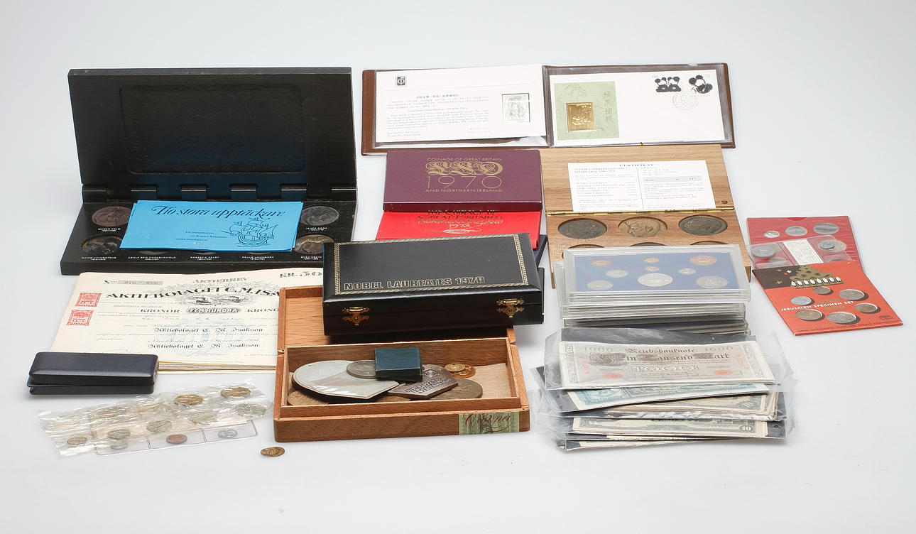 AKTIEBREV, SEDLAR och MYNT, bl.a. Sverige.